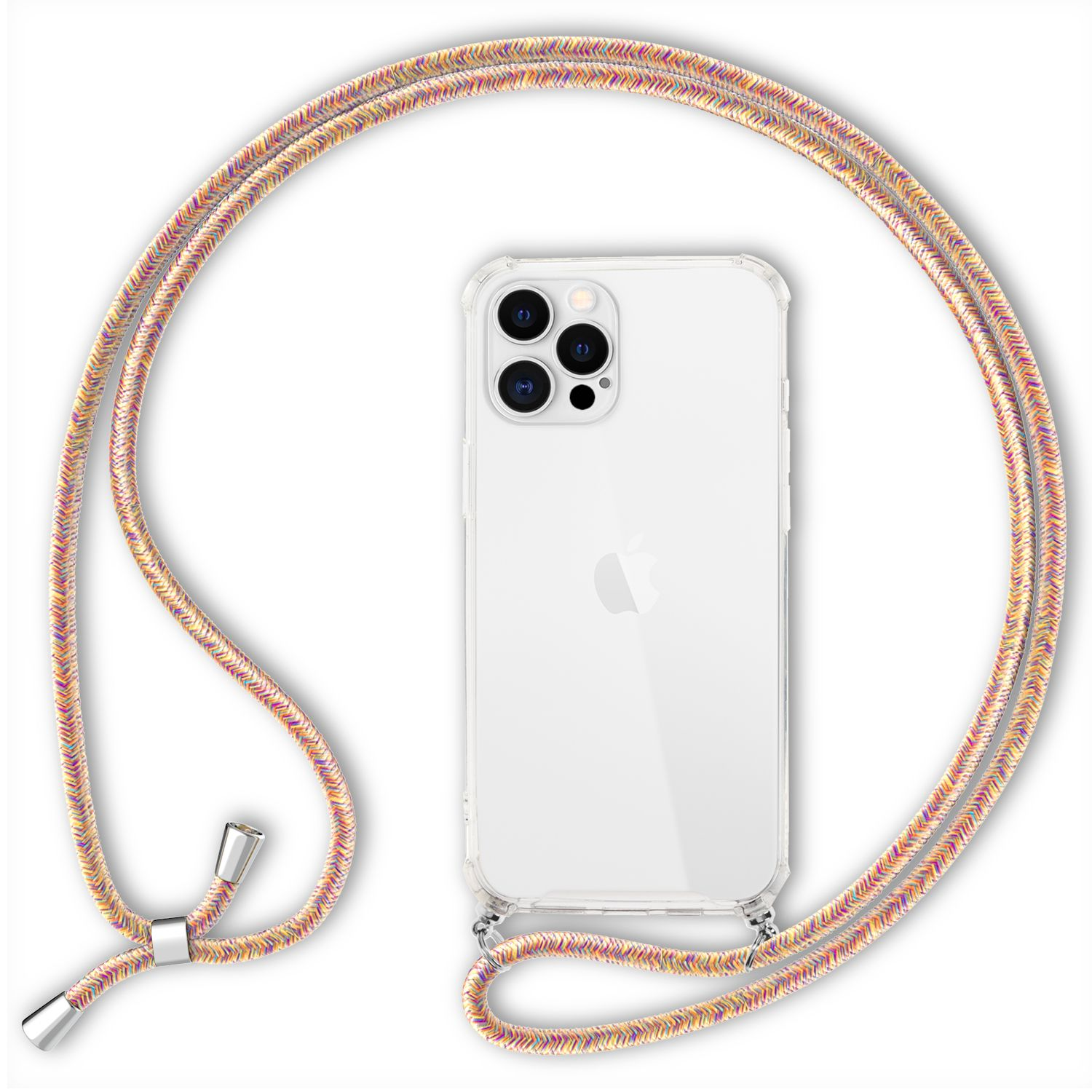 Funda transparente para teléfono con cordón colorido. El teléfono muestra el logotipo de Apple. Fondo blanco.
