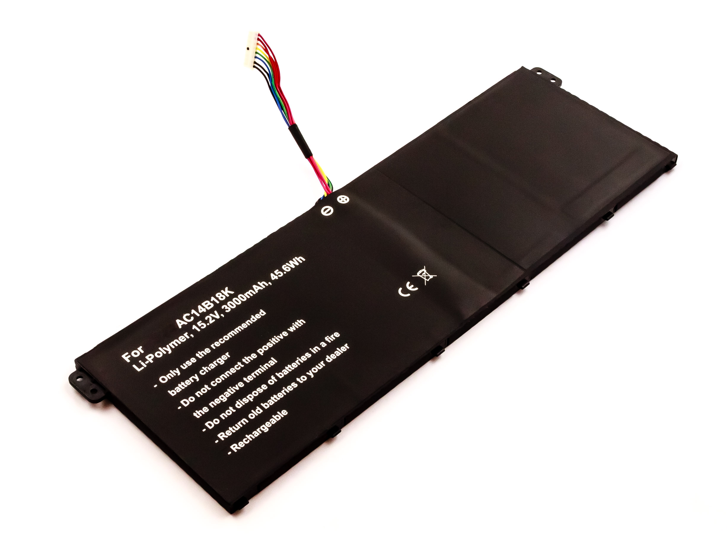 Schwarzer Laptop-Akku mit Text, Drähten und Anschlüssen auf weißer Oberfläche.