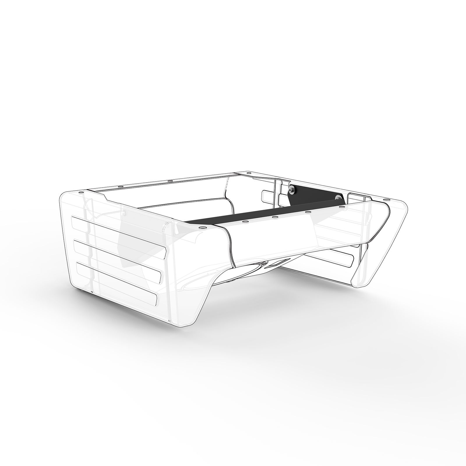 Klare, transparente, abgewinkelte, offene Kunststoffbox. Das Design ist eine einfache Form mit gebogenen Seiten.