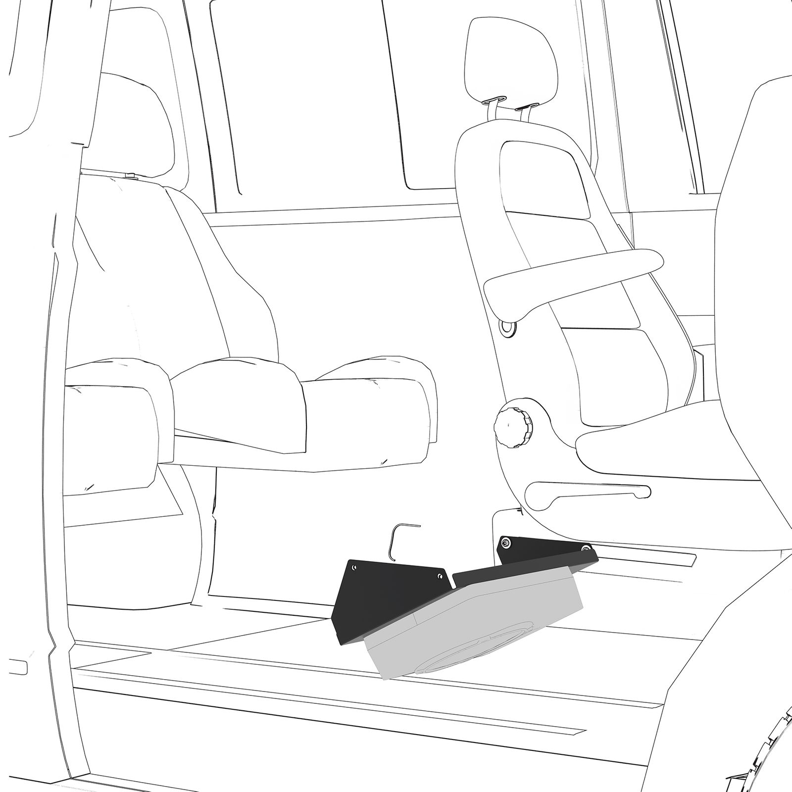 Strichzeichnung eines Auto-Innenraums. Sitze und ein Gerät auf dem Boden zeigend.