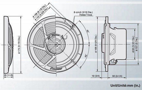 Diagramm eines Lautsprechers mit Abmessungen und Spezifikationen in Millimetern und Zoll.