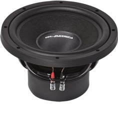 Schwarzer Gladen Subwoofer. Zeigt den Lautsprecher und seine Umgebung im Detail.