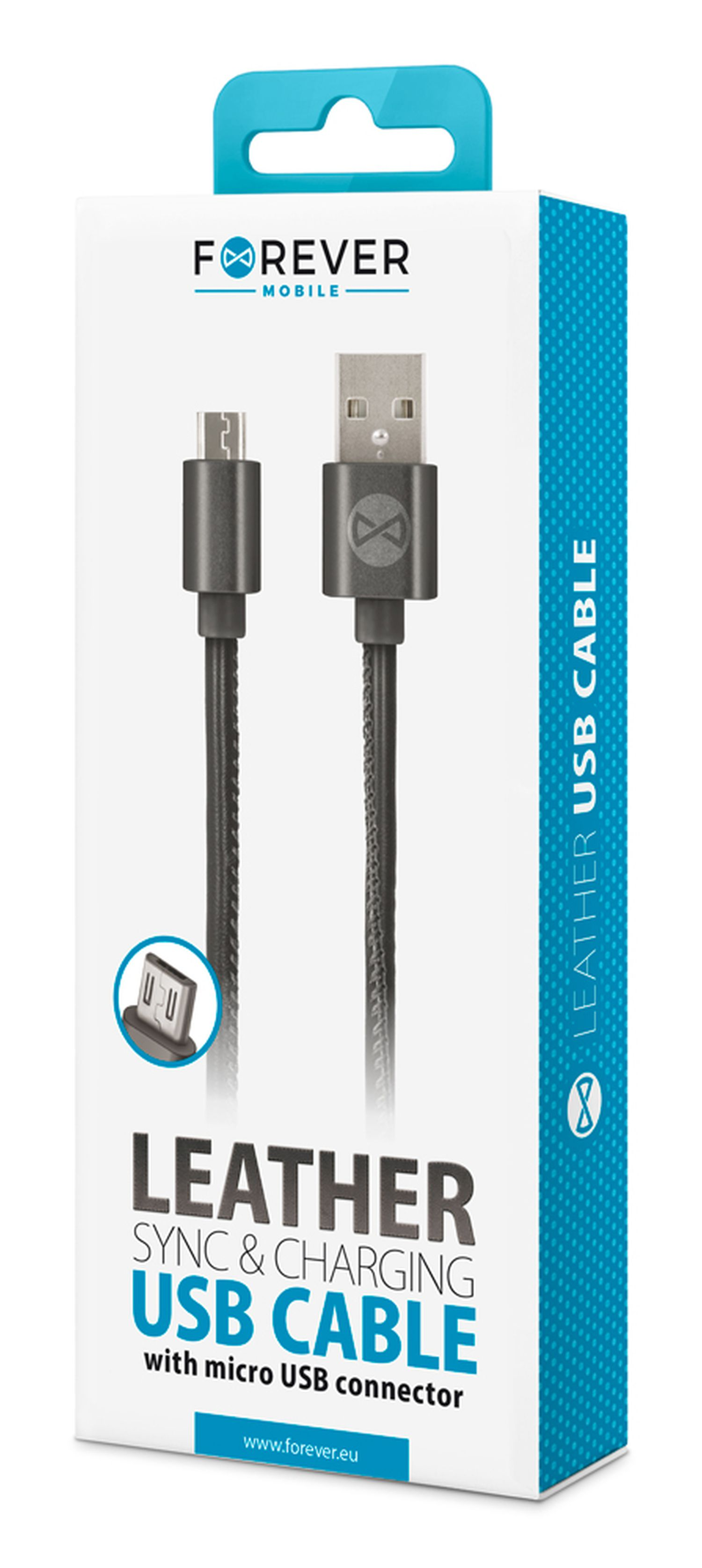 USB-Kabel in einer Box. Die Box ist weiß mit blauen Akzenten. Das Kabel ist schwarz.