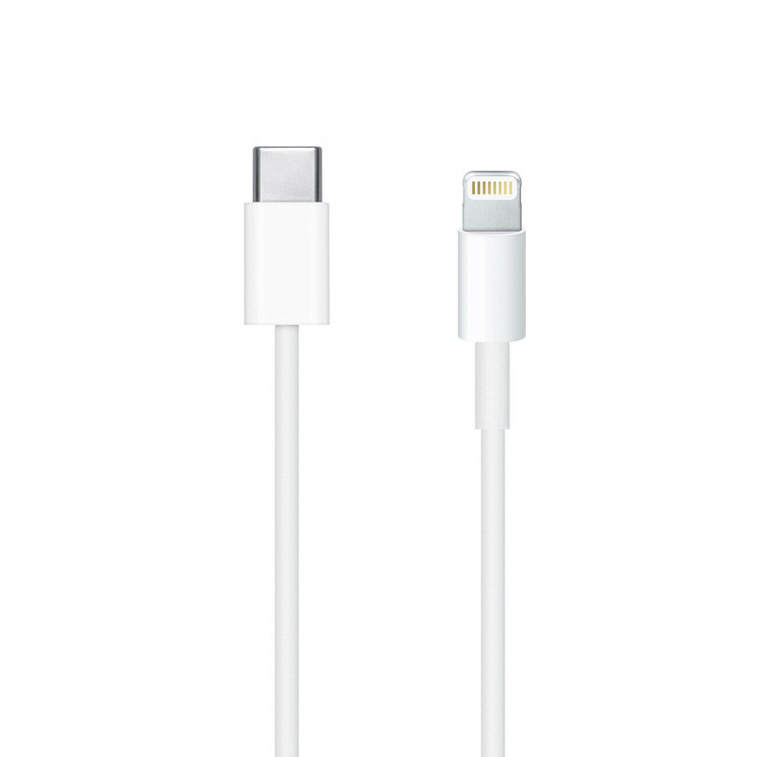 Weiße Ladekabel mit einem USB-C- und einem Lightning-Anschluss auf weißem Hintergrund.
