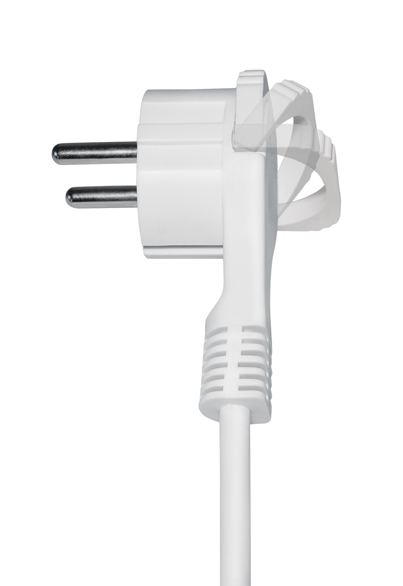 Weißer Stecker mit einem Biegemechanismus auf weißem Hintergrund.