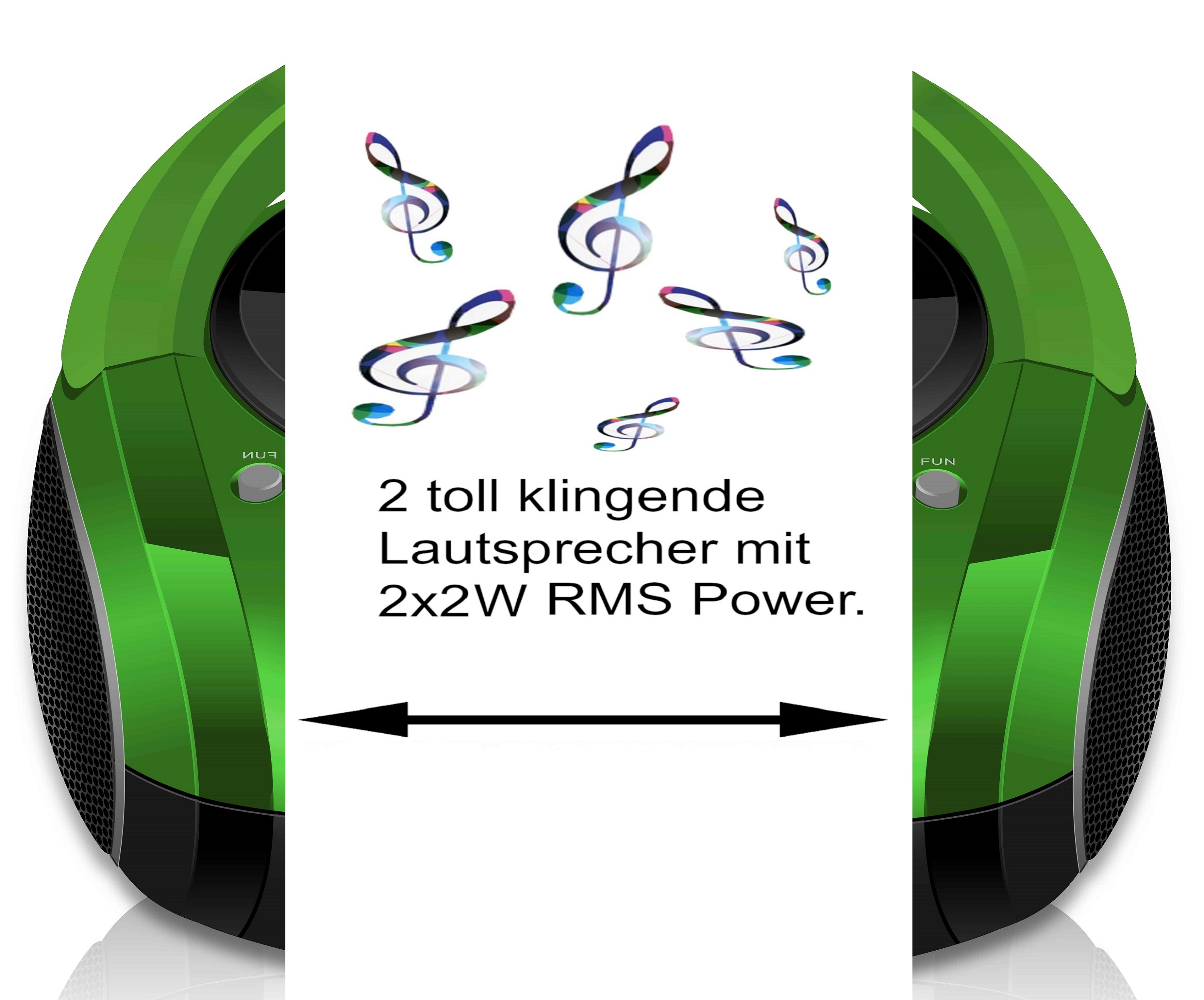 Zwei grüne Lautsprecher mit Noten. Text: '2 toll klingende Lautsprecher mit 2x2W RMS Power'.