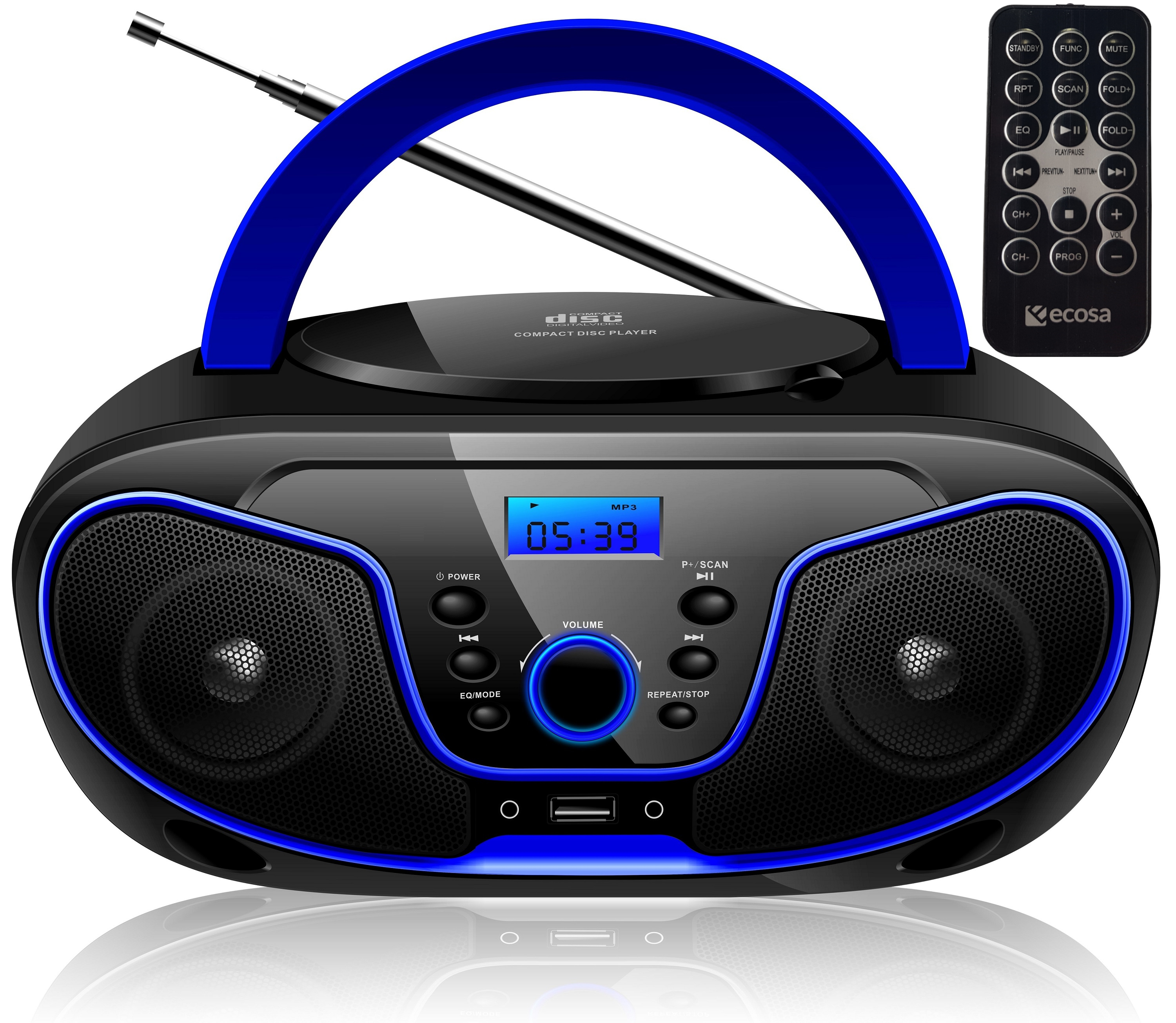 Lettore CD portatile nero e blu con telecomando.