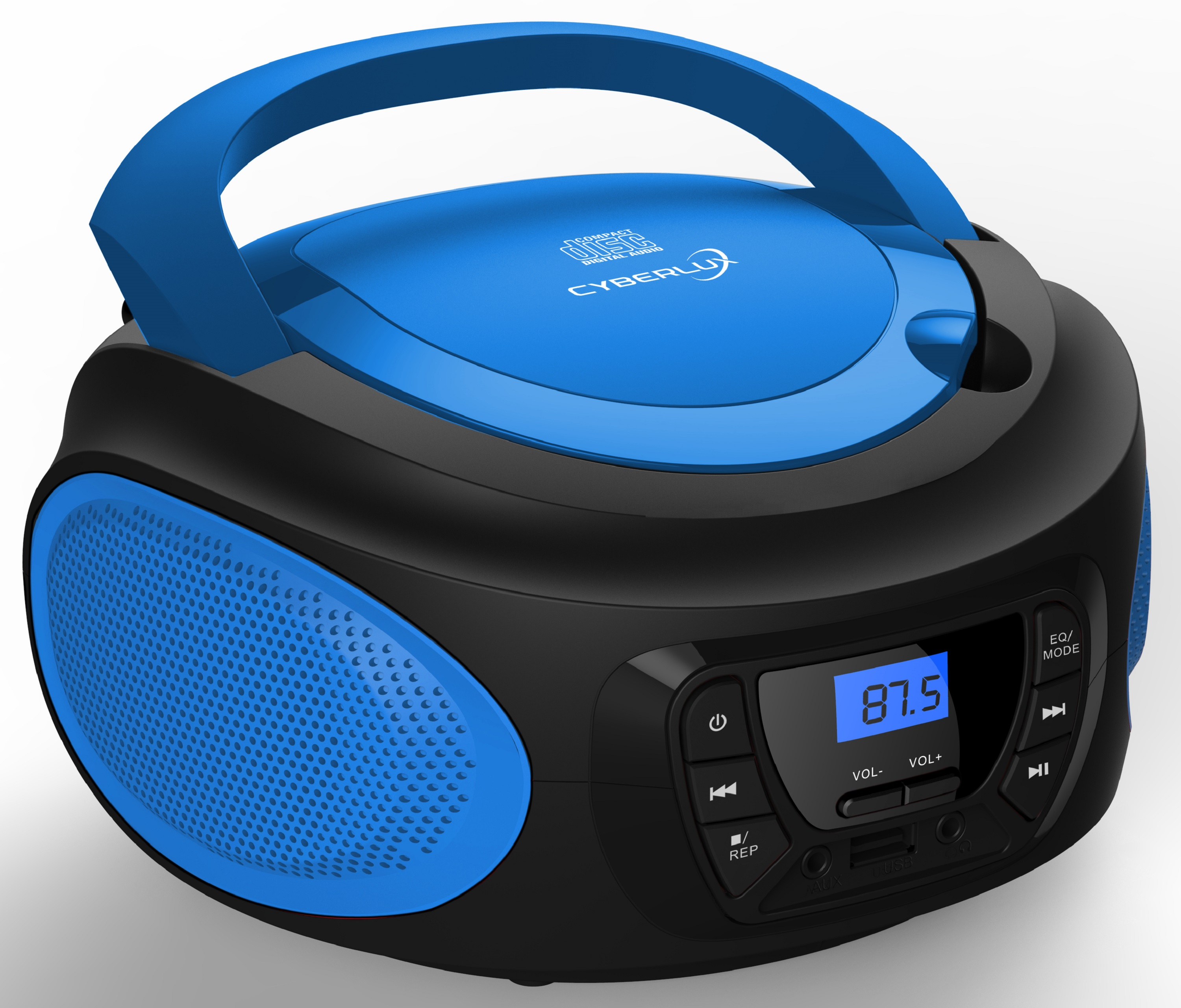 Eine blaue und schwarze Boombox mit Digitalanzeige und Knöpfen.