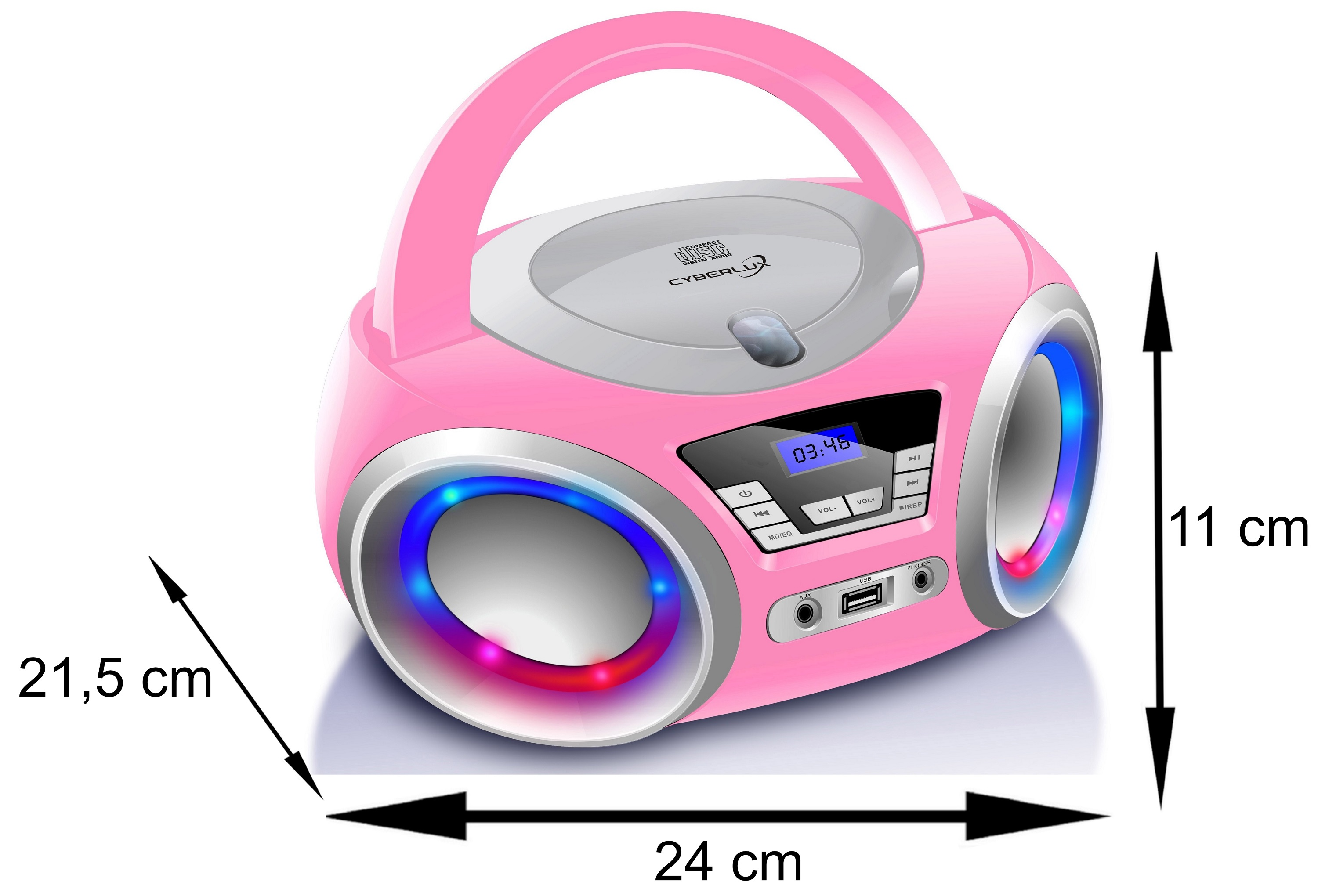 Rosa Boombox mit Griff. Enthält CD-Player, Display und USB-Anschluss. Abmessungen sind angegeben.