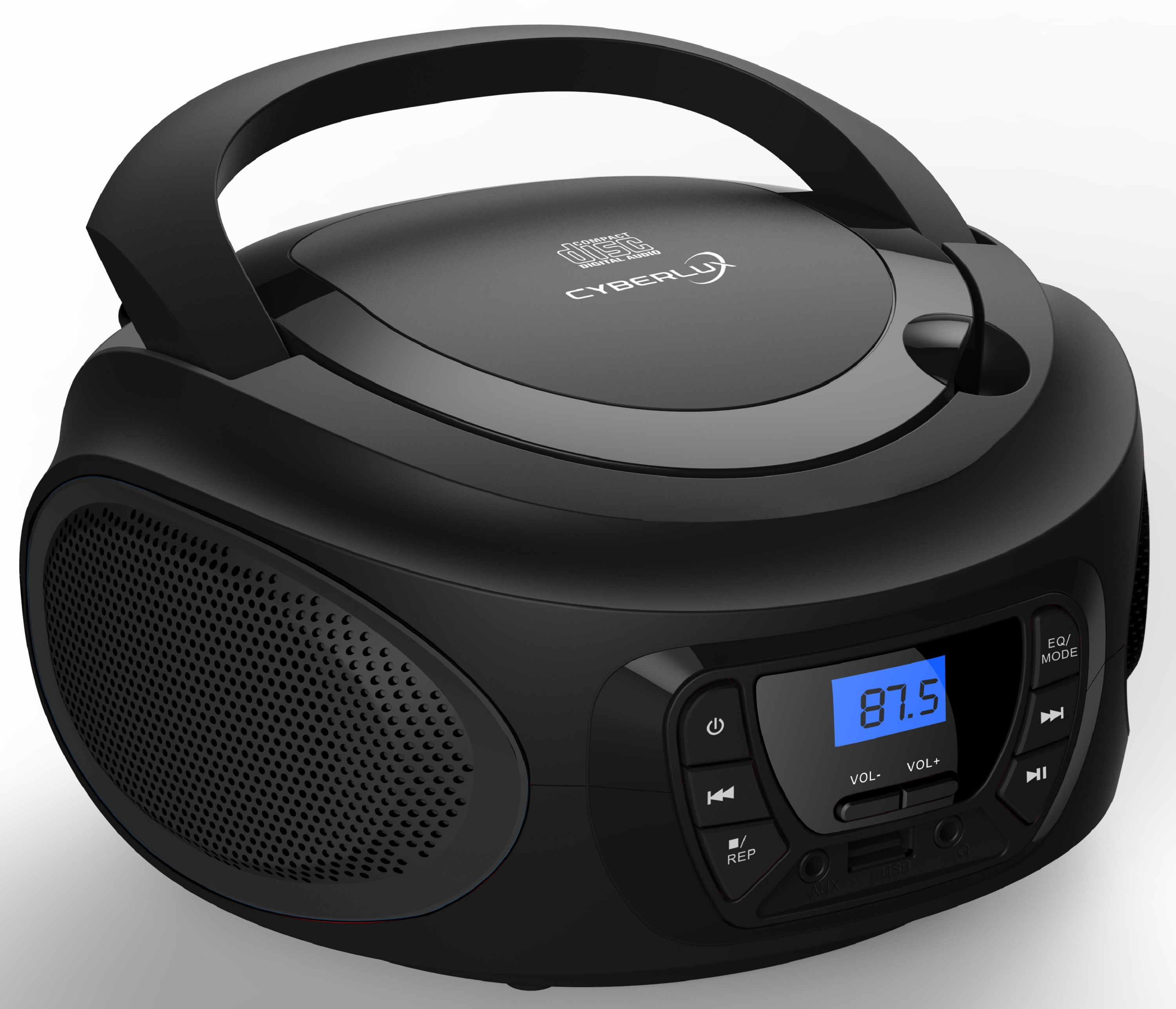 Schwarzer Ghettoblaster mit blauem Display. Es hat Knöpfe und einen Griff. Weißer Hintergrund.