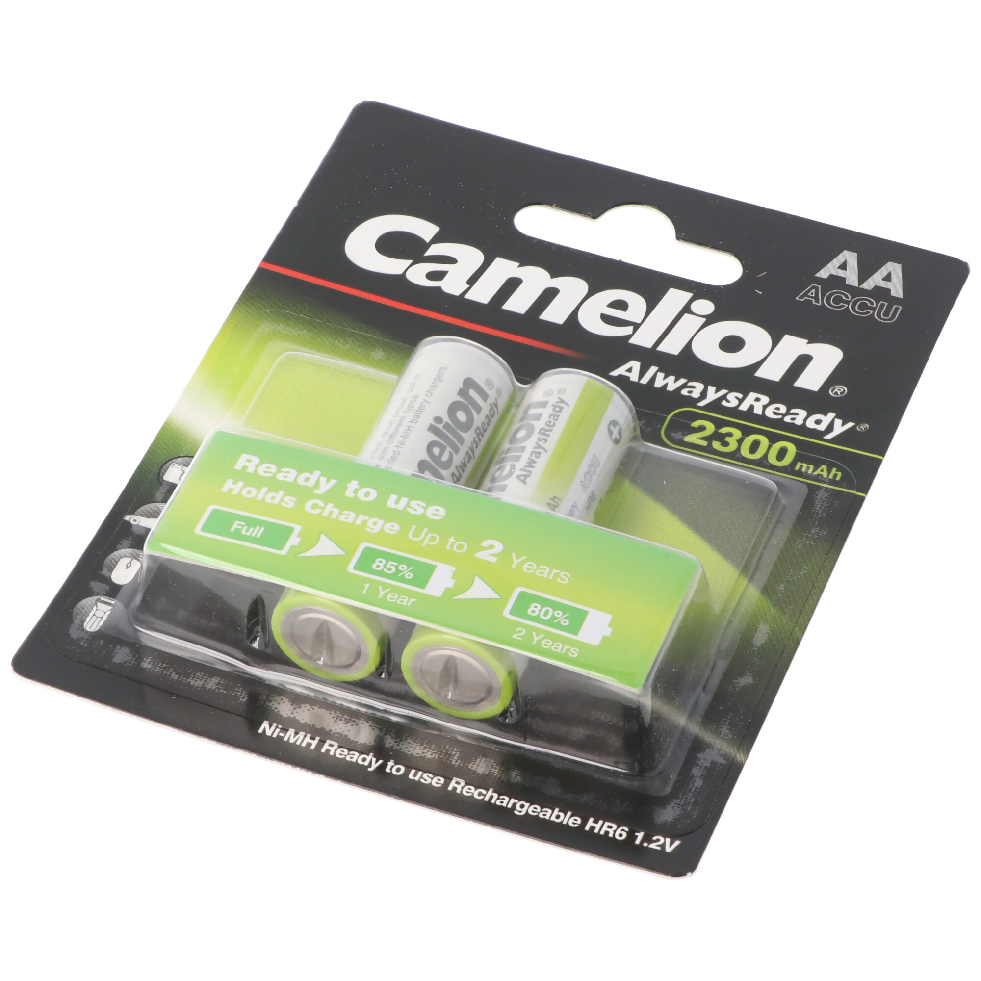 Eine Blisterpackung mit zwei AA-Batterien.