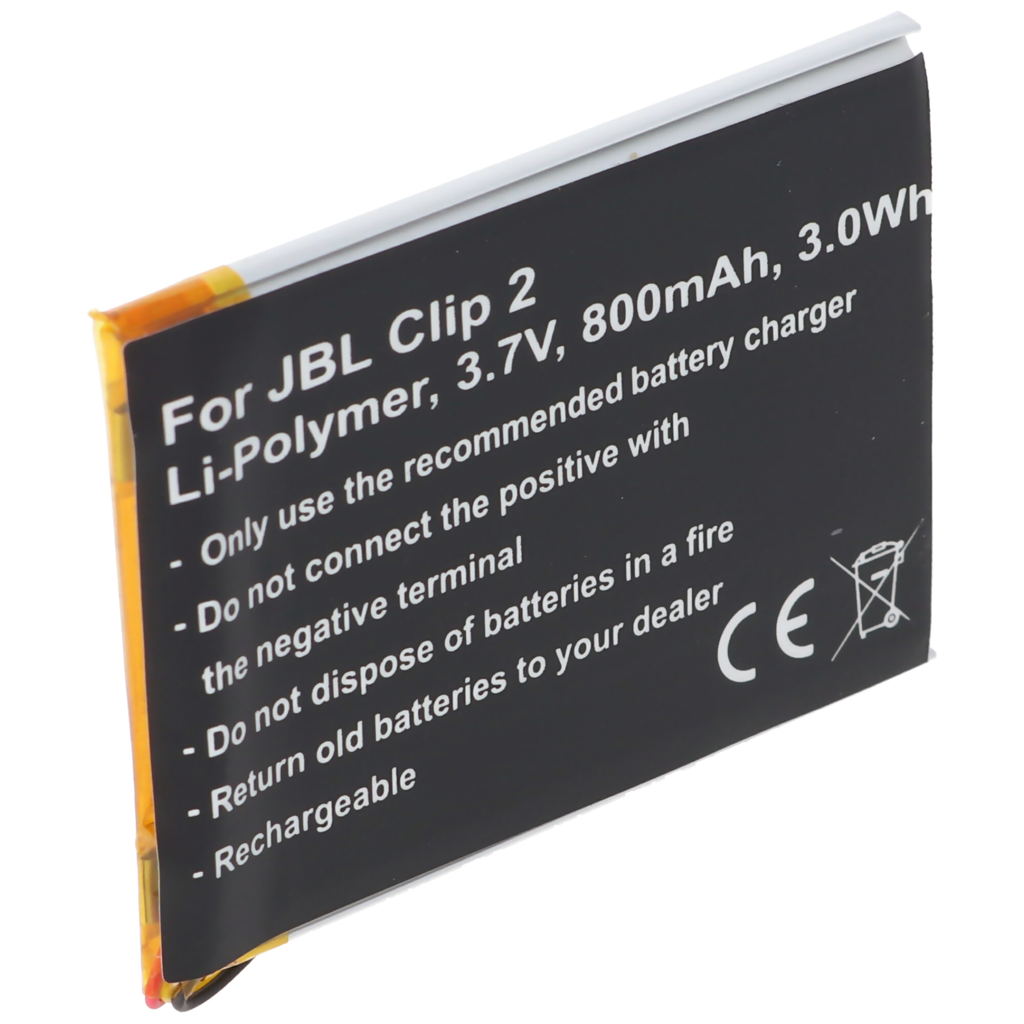 Schwarzes Batterieetikett mit Text. Orange und gelbe Ränder. Weißer Hintergrund.