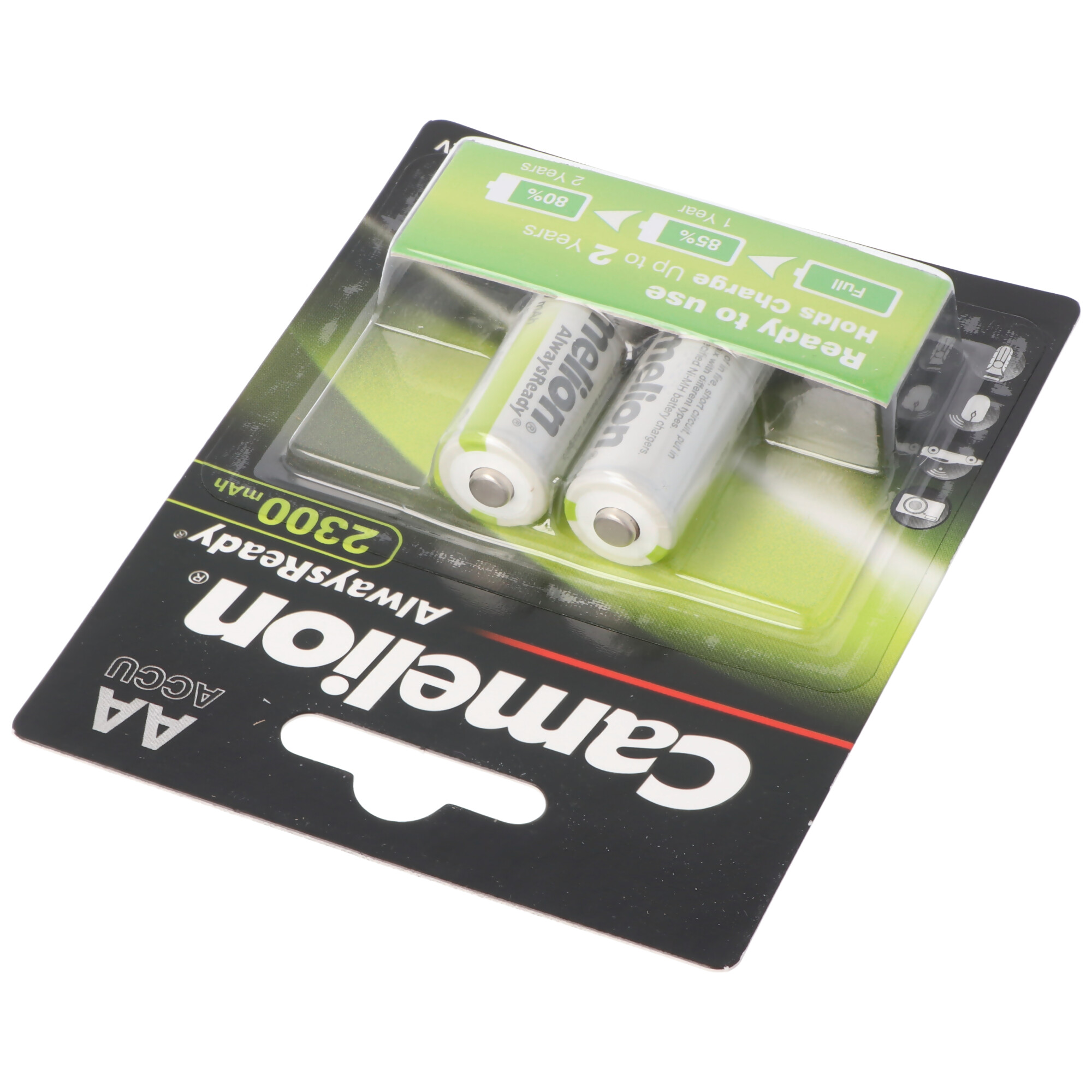 Eine Blisterpackung mit zwei AA-Batterien, Text: Camelion AlwaysReady, 2300 mAh. Grün und Schwarz.