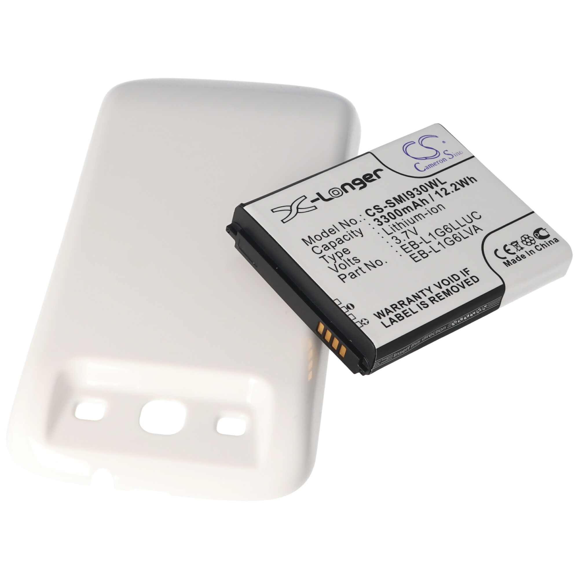 X-Longer Telefon-Akku neben einer weißen Hülle. Akku-Details: 3300mAh/12,2Wh, Lithium-Ionen. Weißer Hintergrund.