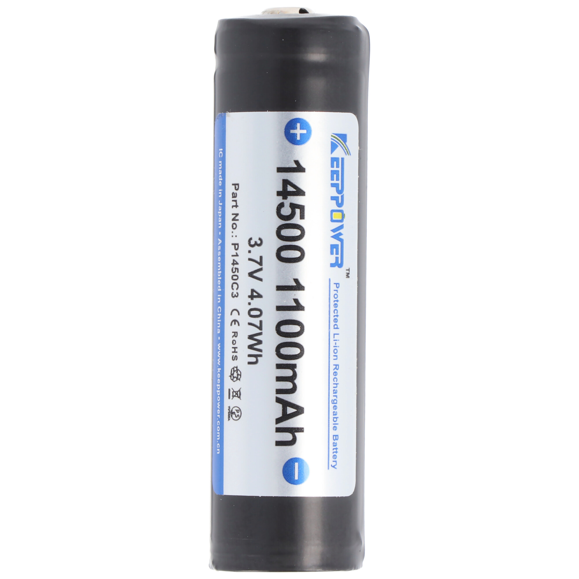 Eine schwarz-weiße Keepower-Batterie mit Etiketten.