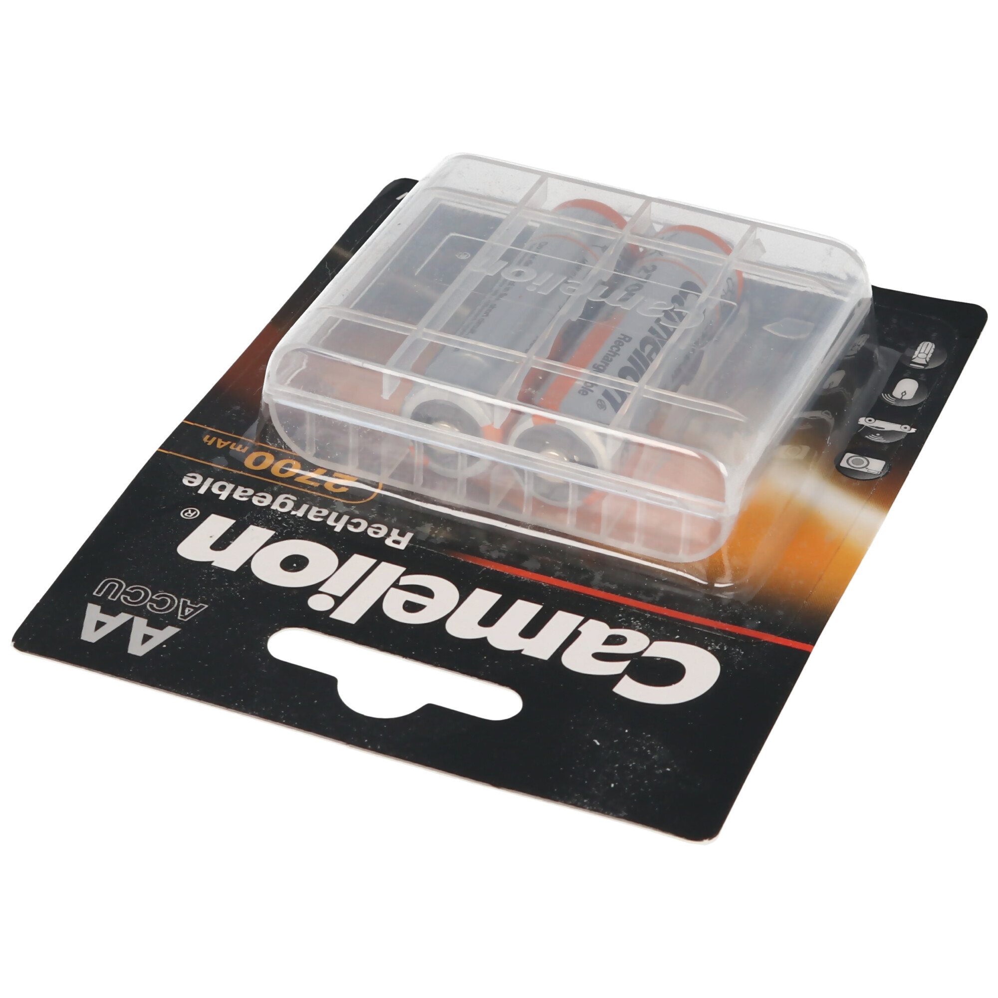 AA-Batterien in einer Plastikbox auf einer schwarz-orangenen Verpackung. Marke Camelion sichtbar.