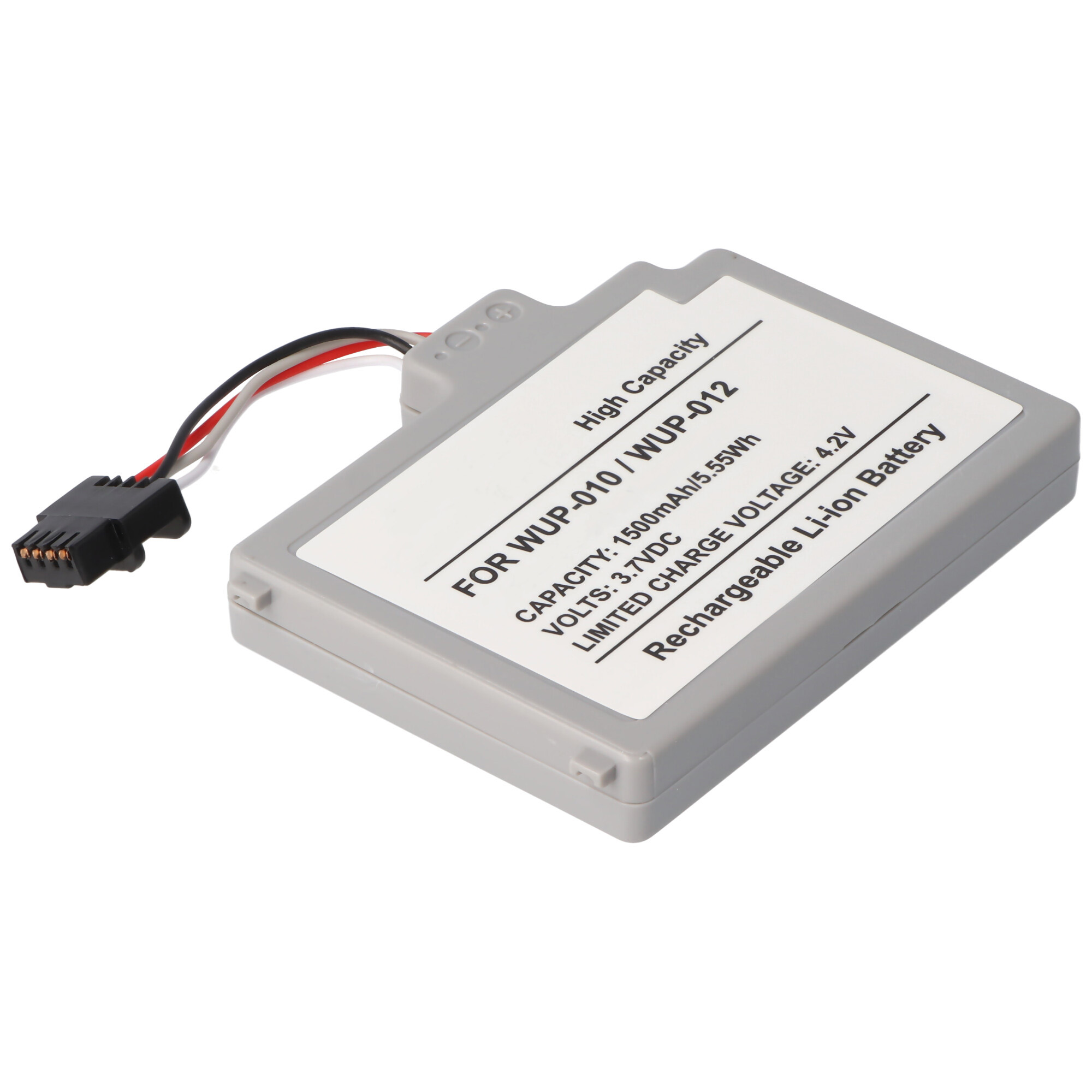 Eine graue Batterie mit der Aufschrift "FOR WUP-010 / WUP-012" mit Stecker und Drähten.