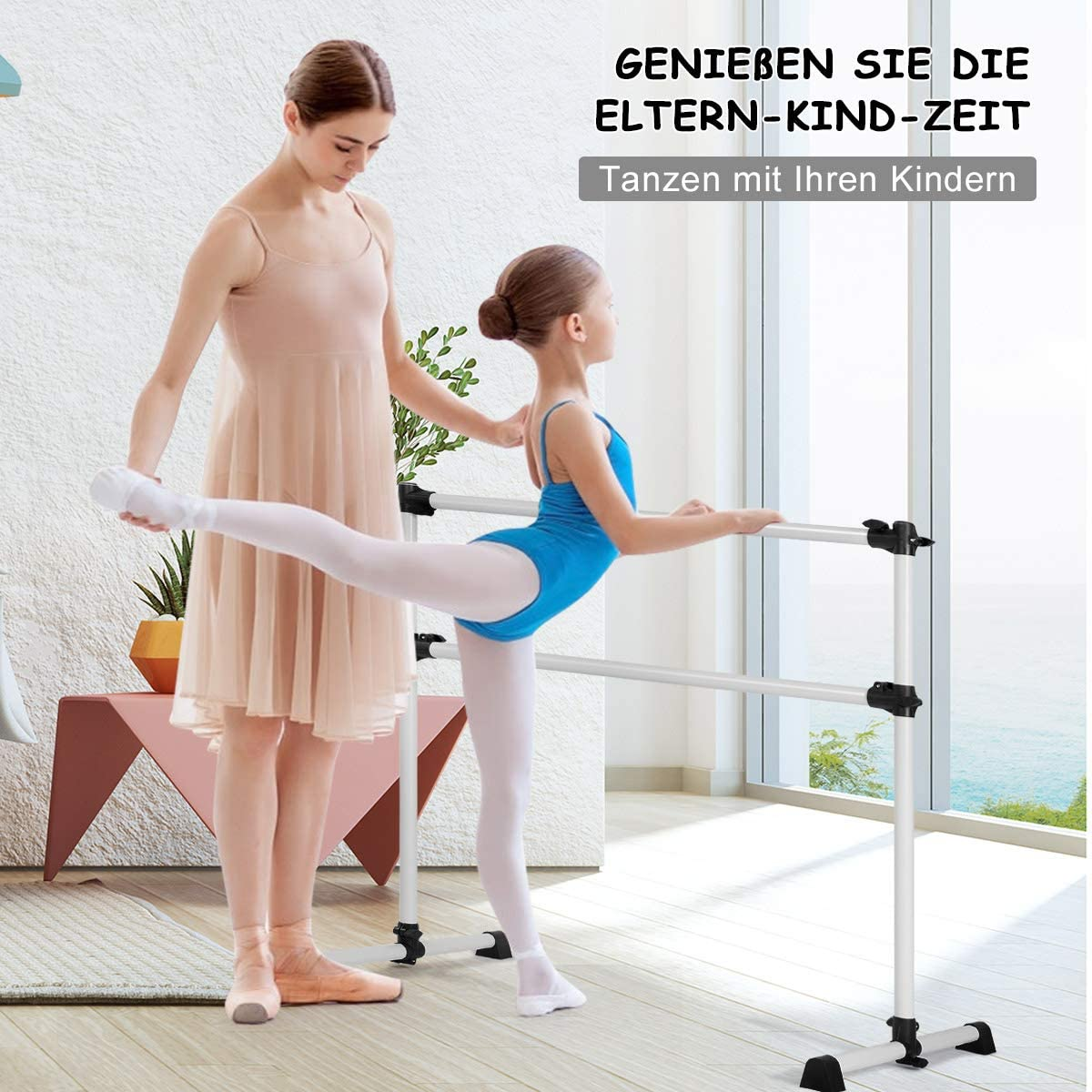 Frau im rosa Kleid hilft einem Mädchen im blauen Trikot an einer Ballettstange. Text: 'ELTERN-KIND-ZEIT'.