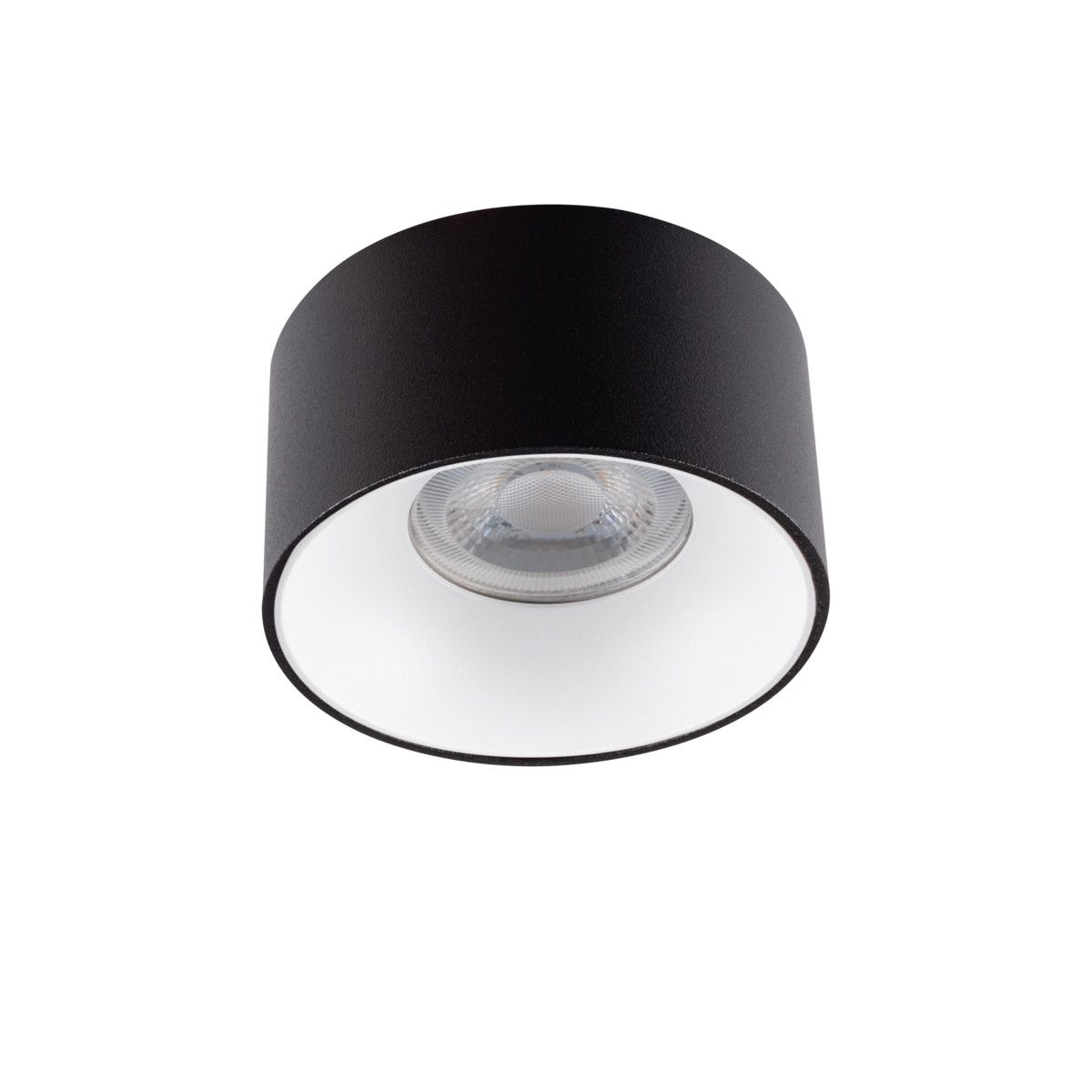 Lampada da soffitto cilindrica nera con interno bianco. La luce è su sfondo bianco.