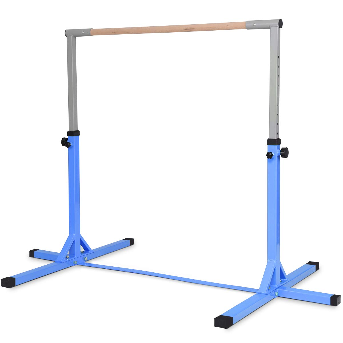 Eine blaue Gymnastikstange mit Holzstange, blauen Stützen und Basis.