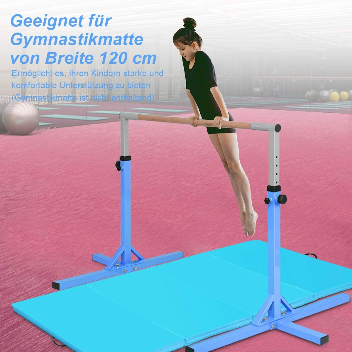 Mädchen an einer Turnstange, mit einer blauen Matte. Der Hintergrund ist ein rosa Turnhallenboden.
