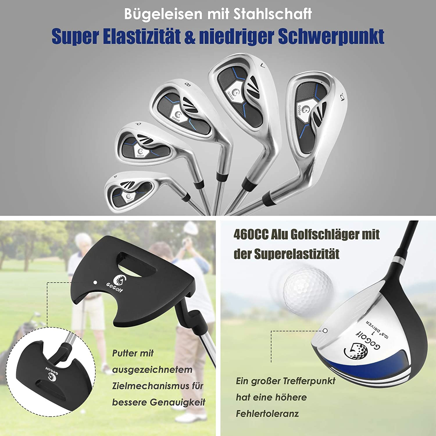 Ein Satz Golfschläger und ein Golfball. Text auf Deutsch.