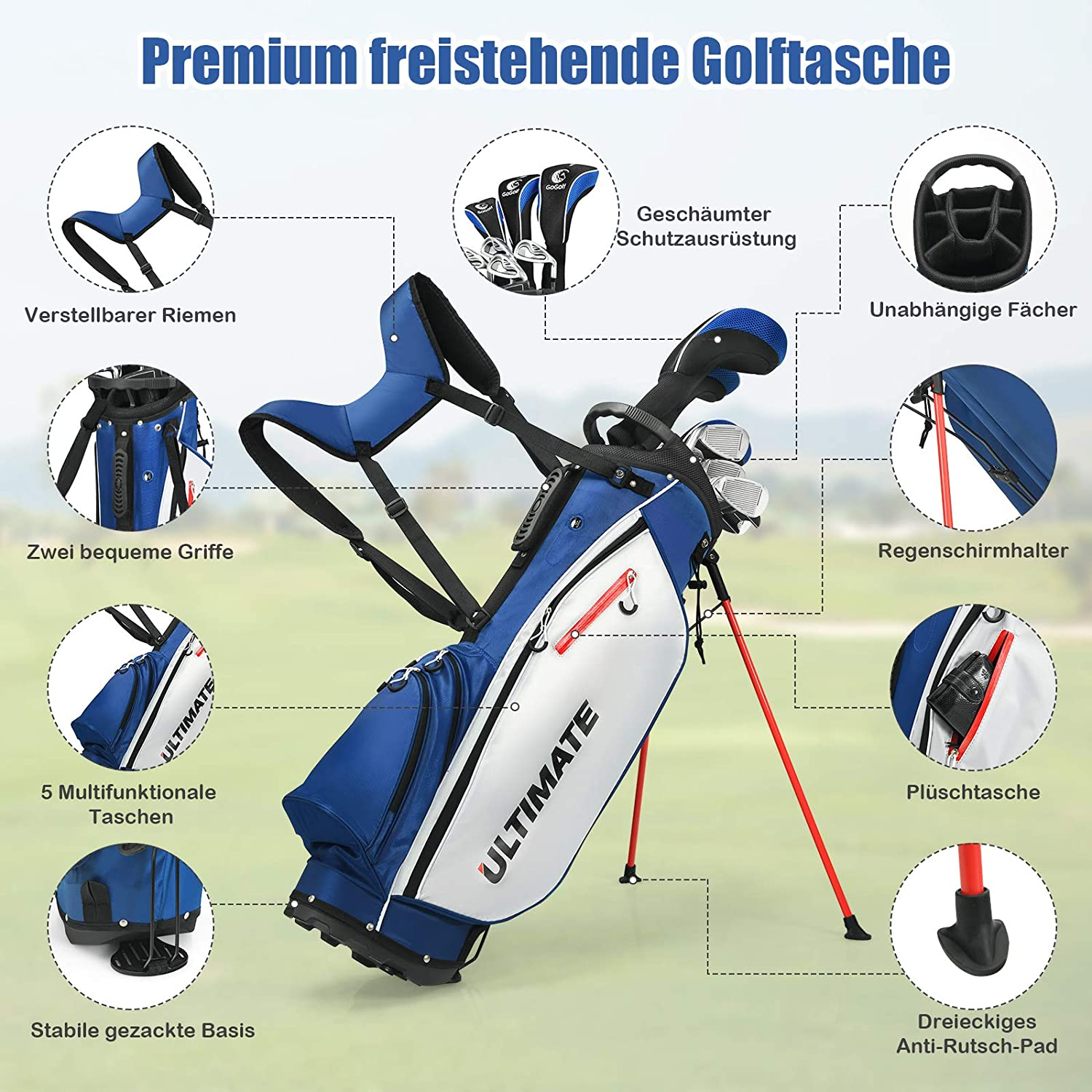 Eine blau-weiße Golftasche mit Golfschlägern und Zubehör. Text auf Deutsch beschreibt die Eigenschaften.