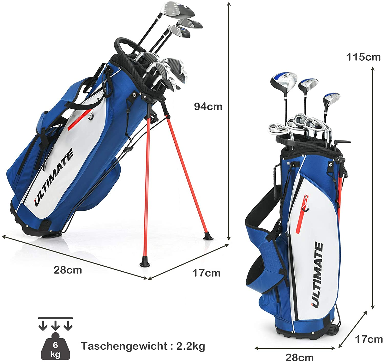 Zwei Golftaschen und Golfschläger. Eine Tasche ist geöffnet. Die Abmessungen werden mit Pfeilen und Zahlen angezeigt.