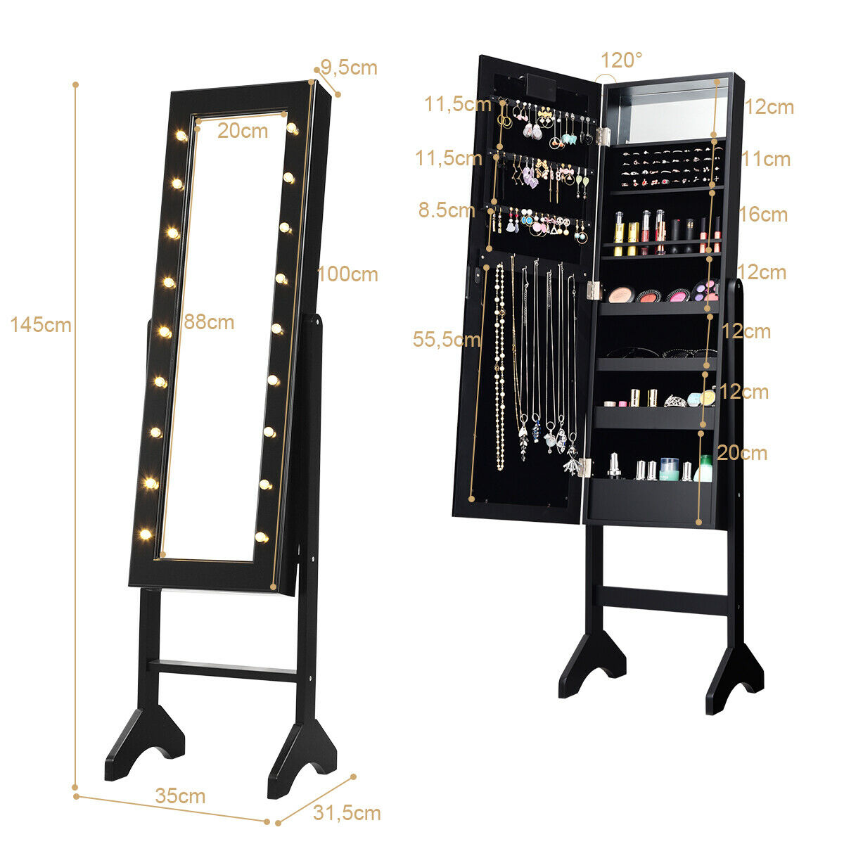Ein schwarzer Schmuckschrank mit Spiegel und Lichtern, geöffnet, um Schmuck, Make-up und Accessoires zu zeigen.