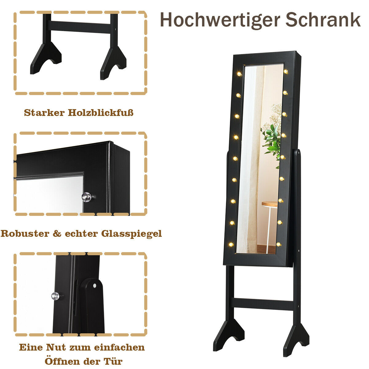 Ein schwarzer Ganzkörperspiegel mit Lichtern, umrahmt von einer schwarzen Struktur und Holzbeinen.