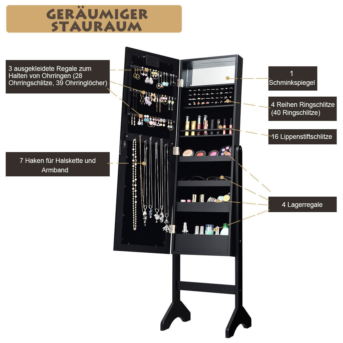 Schwarzer Schmuckschrank mit offenen Türen. Er hat Spiegel, Regale, Haken und Ringschlitze.