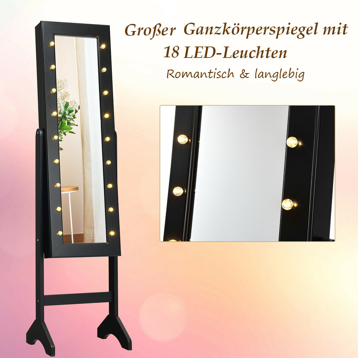 Schwarzer Standspiegel mit 18 LED-Leuchten. Einsatz zeigt SpiegeldDetails. Schwarzer Rahmen, weißer Hintergrund.