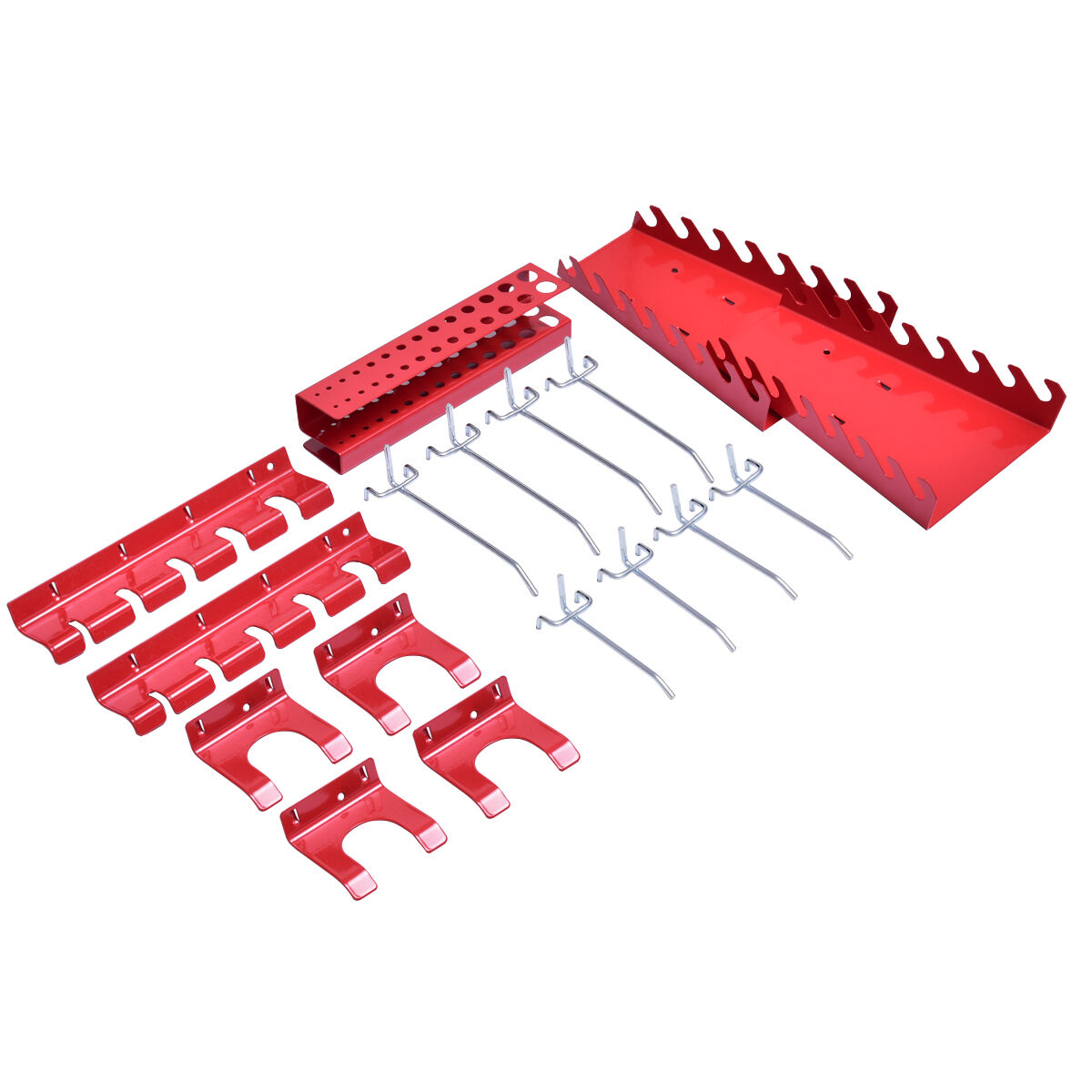 Rotes Werkzeug-Organizer-Set mit verschiedenen Haltern, Haken und Halterungen, auf weißem Hintergrund.
