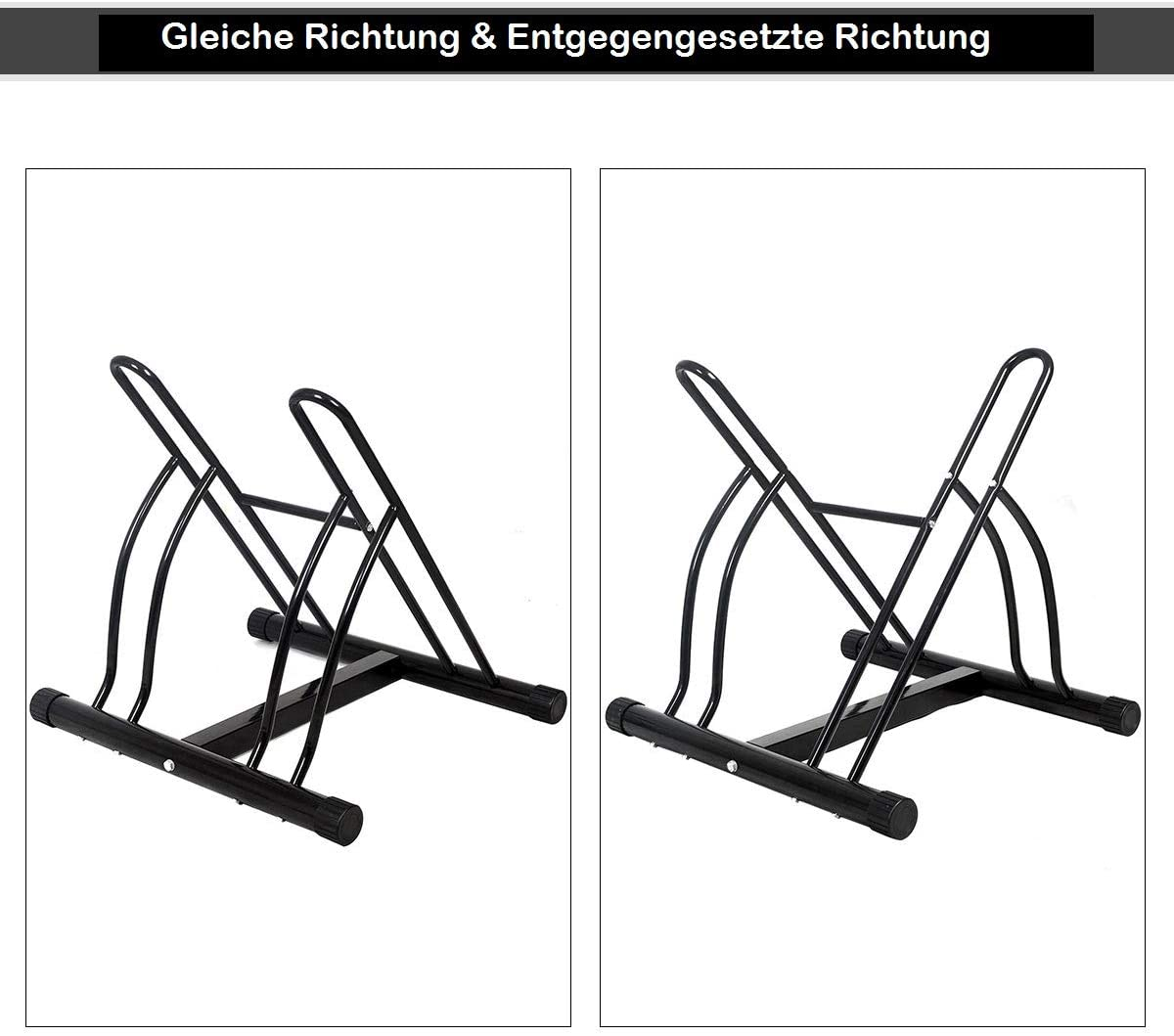 Zwei schwarze Fahrradständer aus Metall. Einer zeigt das Fahrrad in gleicher Richtung, der andere entgegengesetzt.