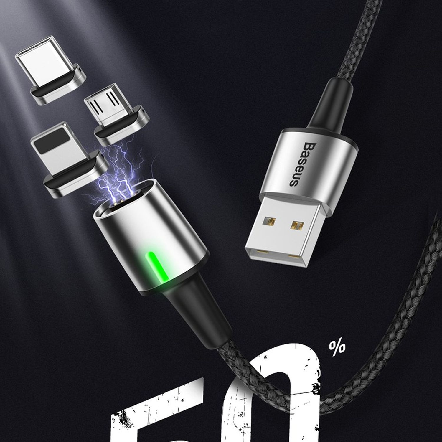 Schwarzes und silbernes USB-Ladekabel mit verschiedenen magnetischen Spitzen und einem grünen Licht, auf schwarzem Hintergrund.