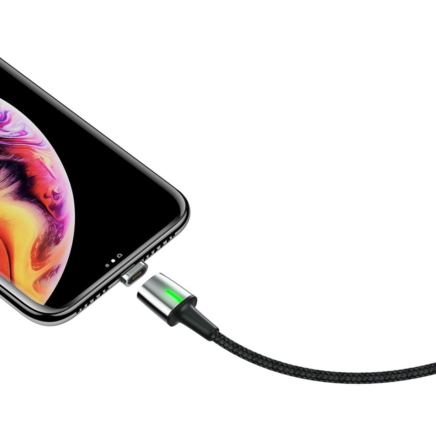 Nahaufnahme eines ladenden Telefons. USB-C-Kabel mit dem Telefon verbunden, grünes Licht sichtbar.