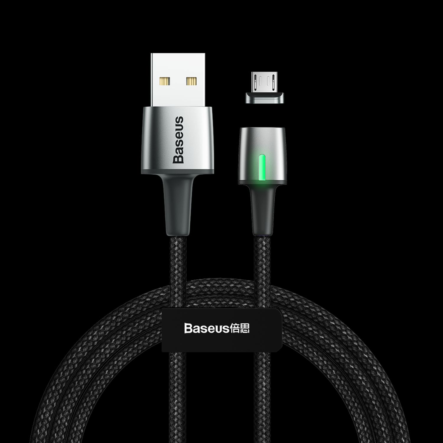 Schwarzes USB-Kabel mit zwei Anschlüssen. Einer ist USB-A, der andere USB-C. Schwarzer Hintergrund.