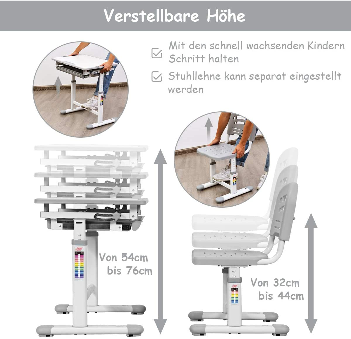 Schreibtisch und Stuhl höhenverstellbar. Schreibtisch ist weiß, Stuhl grau. Beide sind höhenverstellbar.