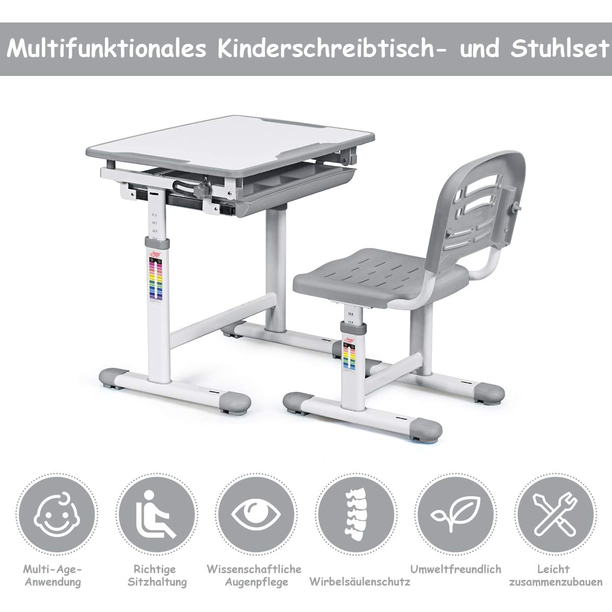 Ein graues Schreibtisch- und Stuhlset. Symbole unten repräsentieren Eigenschaften.