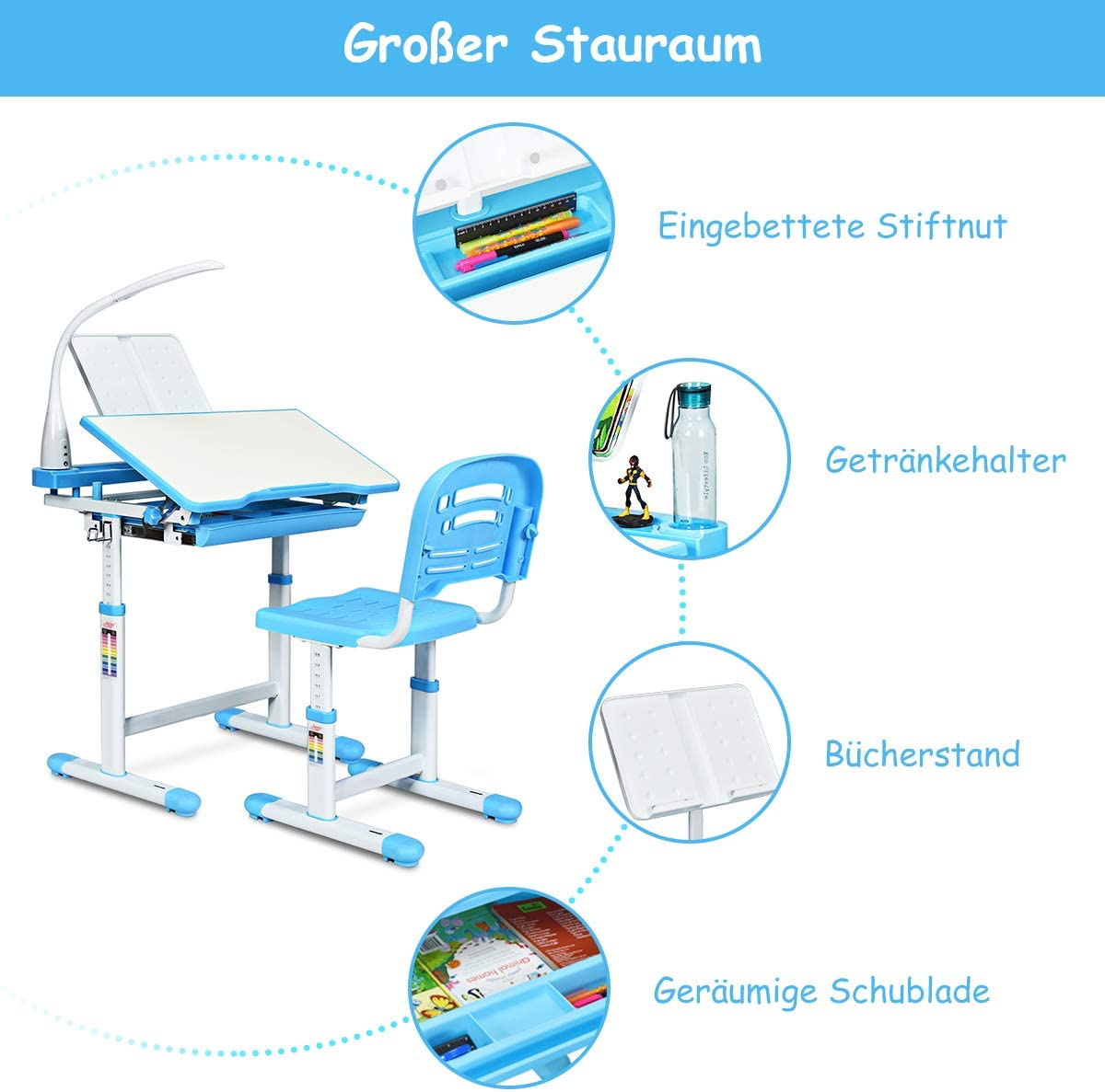 Blauer Kinderschreibtisch mit Stauraum, Stuhl und Lampe. Es hat eine Schublade und einen Bücherständer.