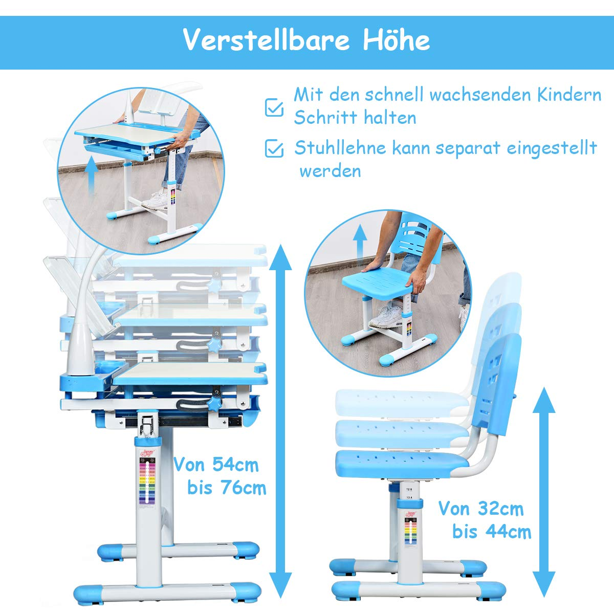 Ein Schreibtisch und ein Stuhl. Der Schreibtisch und der Stuhl sind blau und weiß. Die Höhe ist von 54 cm bis 76 cm und 32 cm bis 44 cm einstellbar.