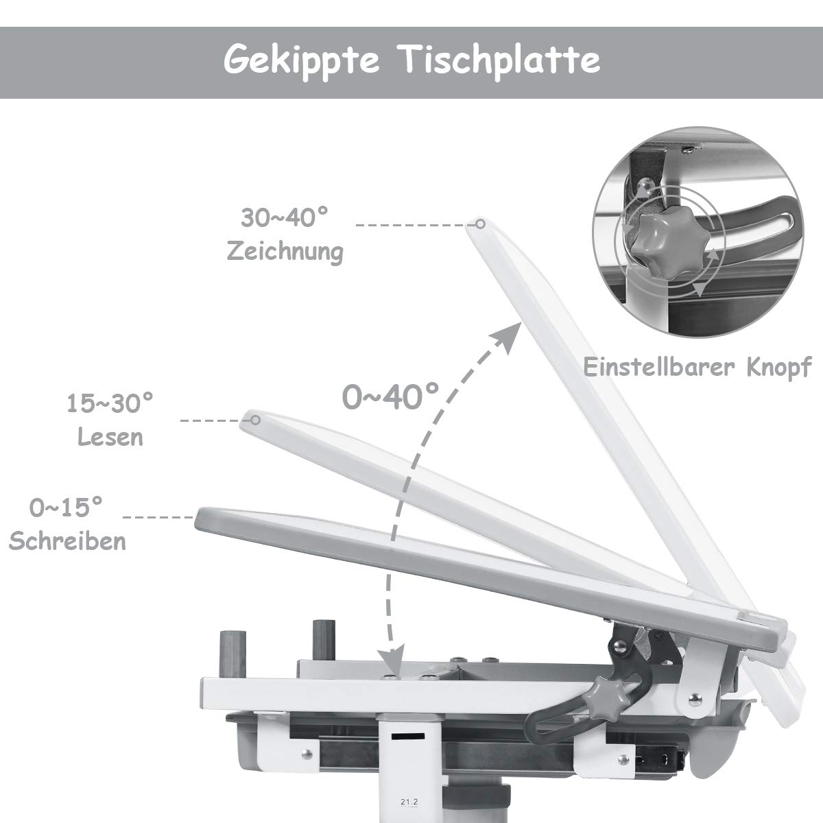 Verstellbarer Schreibtisch mit kippbarer Tischplatte. Der Tisch kann für Lesen, Schreiben und Zeichnen in verschiedene Winkel eingestellt werden.