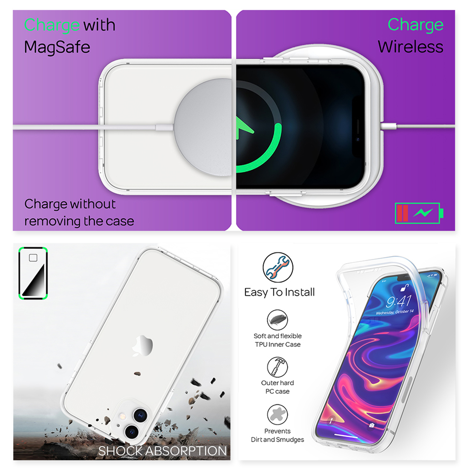 Un teléfono cargando en un cargador inalámbrico, con la funda puesta. También una funda transparente que absorbe golpes.