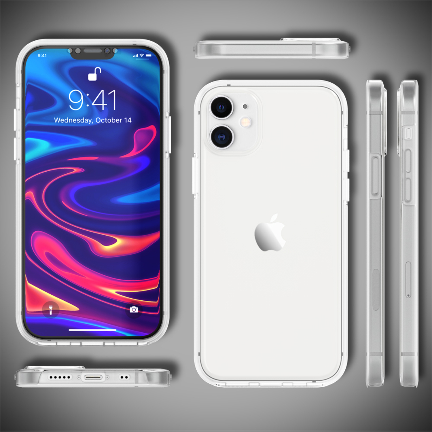 Teléfono blanco en una funda protectora. Se muestran múltiples vistas del teléfono.