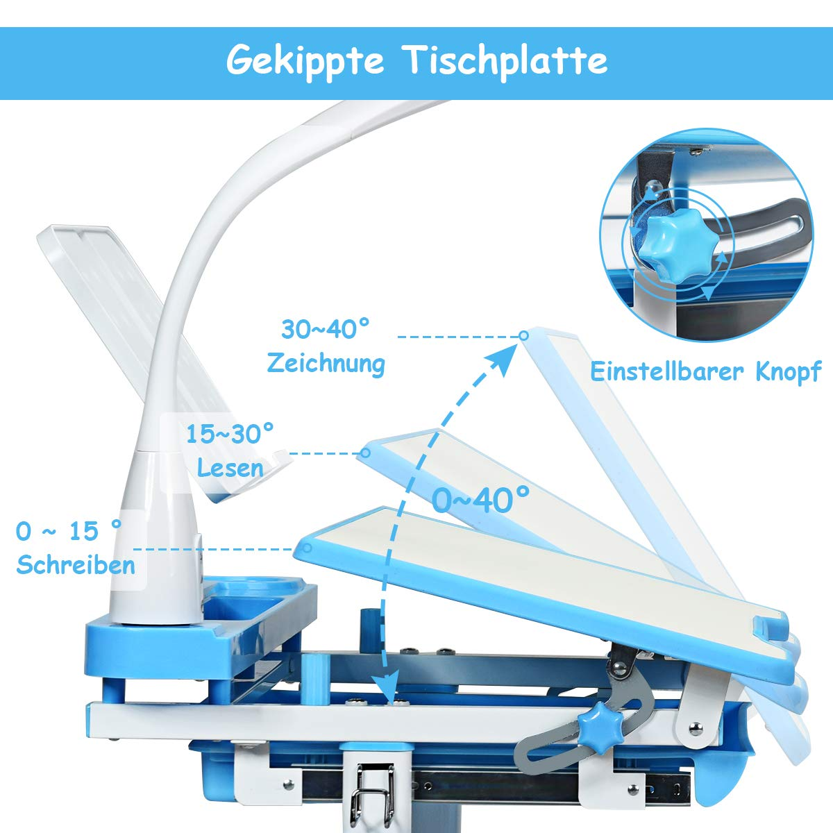 Ein blauer Schreibtisch mit einer verstellbaren weißen Lampe und Markierungen mit Winkeln und Maßen.