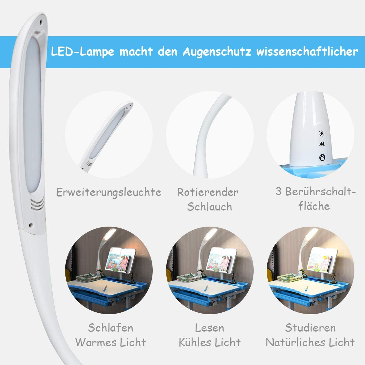 Weiße Schreibtischlampe mit gebogenem Hals. Bilder zeigen verschiedene Beleuchtungsmodi und Schreibtische.