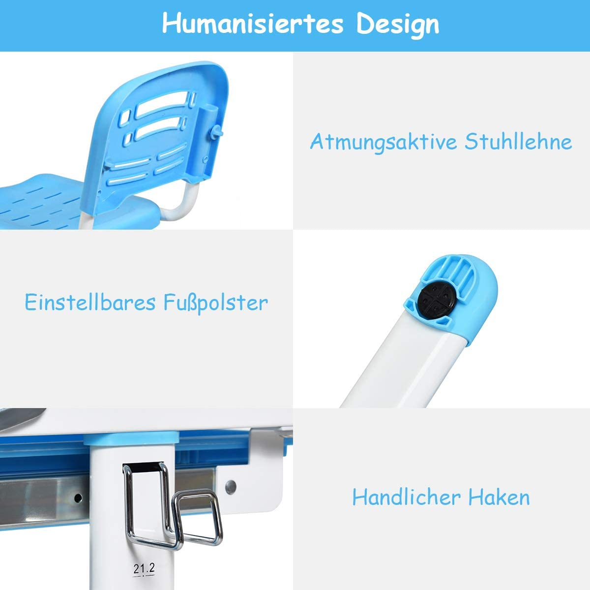 Eine Collage mit Teilen eines blau-weißen Stuhls, mit deutschen Beschriftungen.
