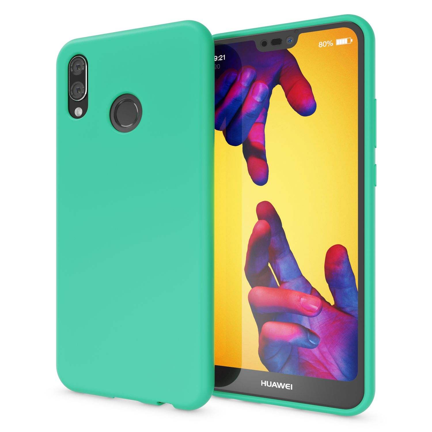 Grüne Handyhülle auf einem Telefon. Der Bildschirm zeigt eine Handgrafik. Weißer Hintergrund.