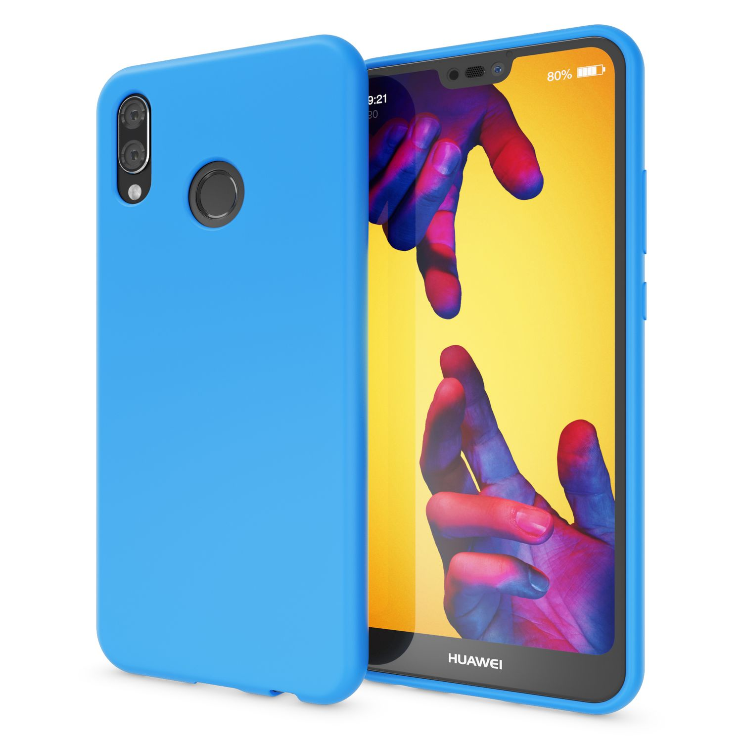 Blaue Handyhülle neben einem Telefon. Telefon zeigt ausgreifende Hände.
