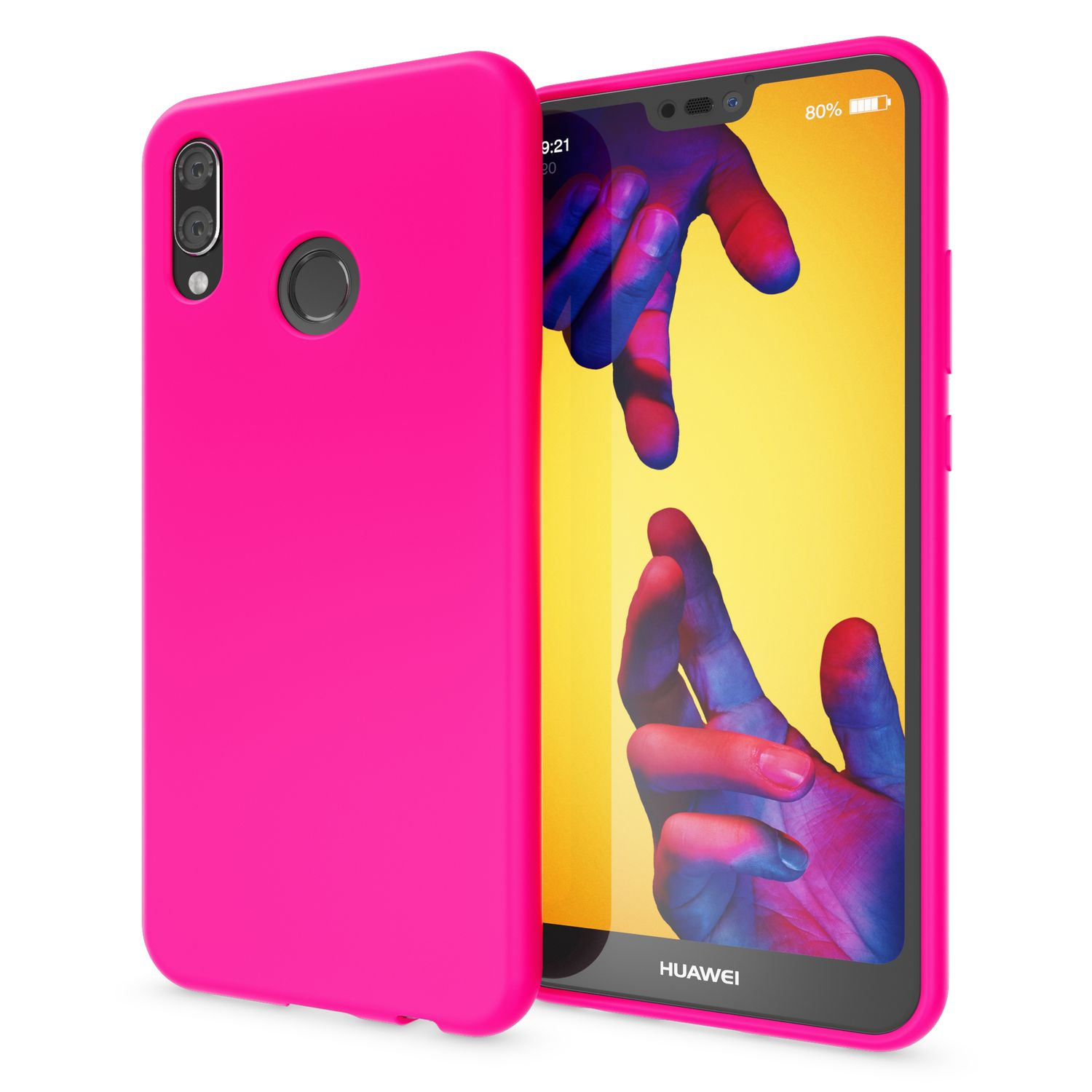 Rosa Handyhülle mit Telefon darin. Hände greifen nacheinander. Gelber Hintergrund.